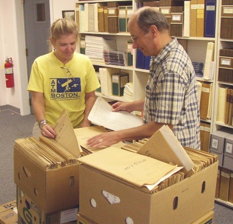 AAVSO staffers Ginny Renehan and Mike Saladyga inspect the newly-arrived RASNZ archive AAVSO staffers Ginny Renehan and Mike Saladyga inspect the newly-arrived RASNZ archive